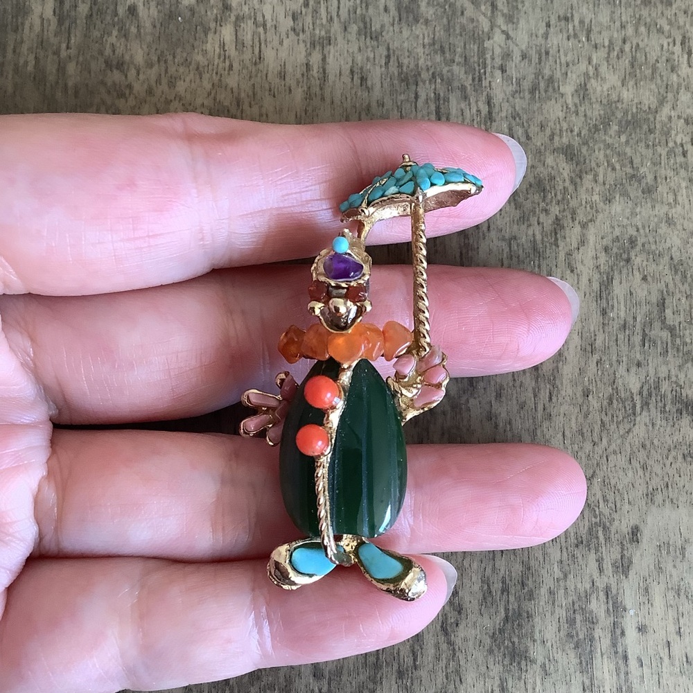 Vintage SWOBODA mulit gemstone clown & umbrella brooch.